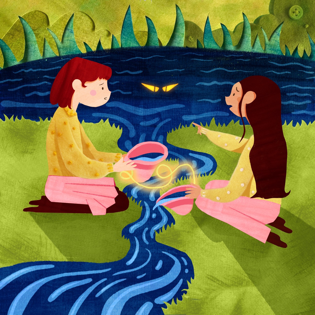 Two children sitting by a blue river, engaged in a conversation. One child has red hair and a yellow shirt, while the other has long dark hair and a pink outfit. The background is a green landscape with stylized foliage.