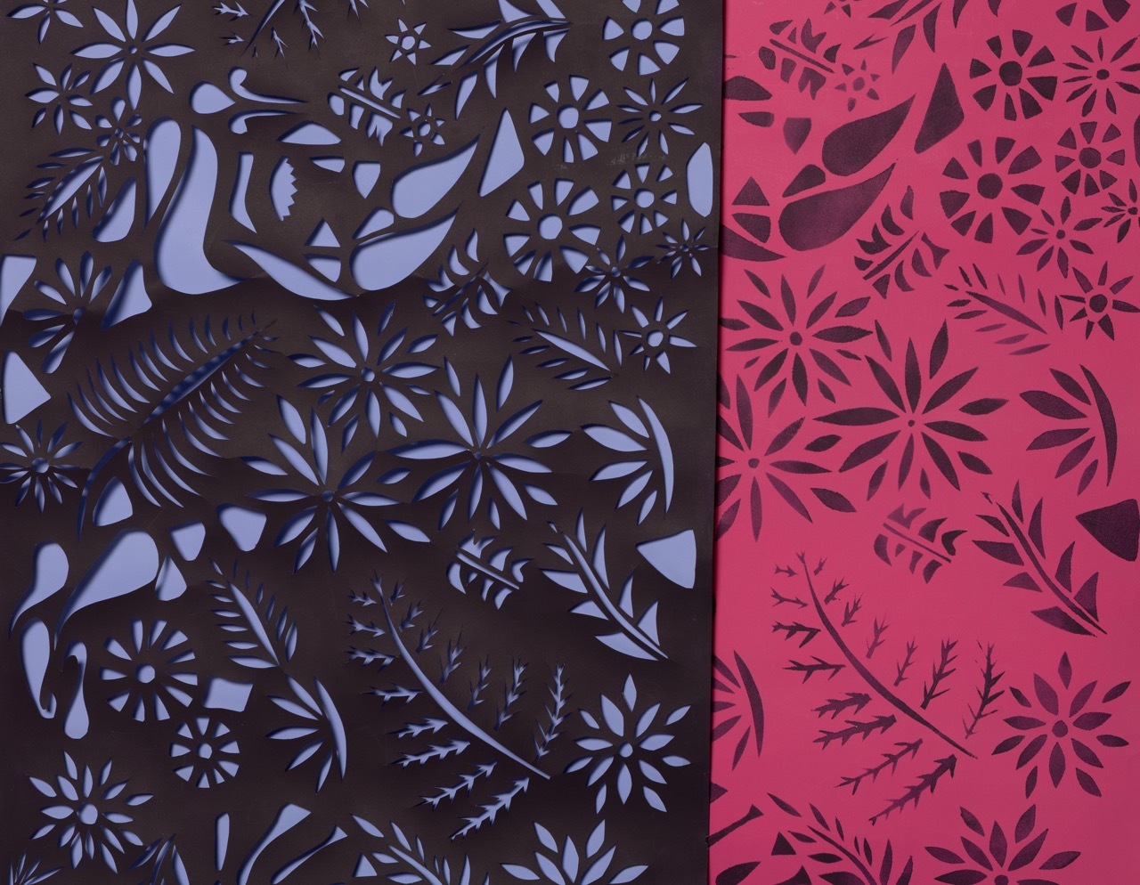 Split composition: left side shows black floral cutout patterns on purple background, right side shows dark pink floral cutouts on bright pink.
