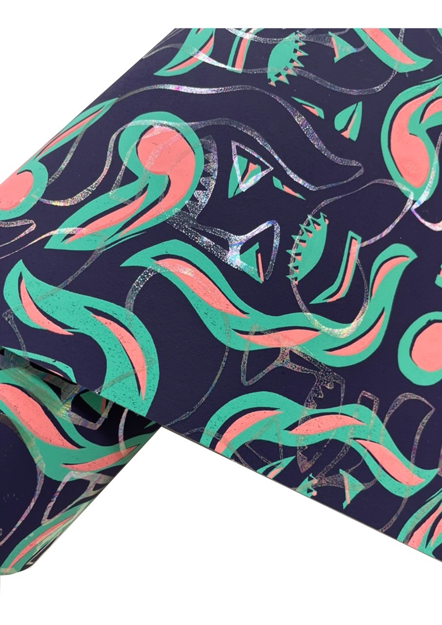 Abstract pattern on navy fabric with flowing mint green and coral pink curved shapes, geometric triangular forms, textured brushstrokes.