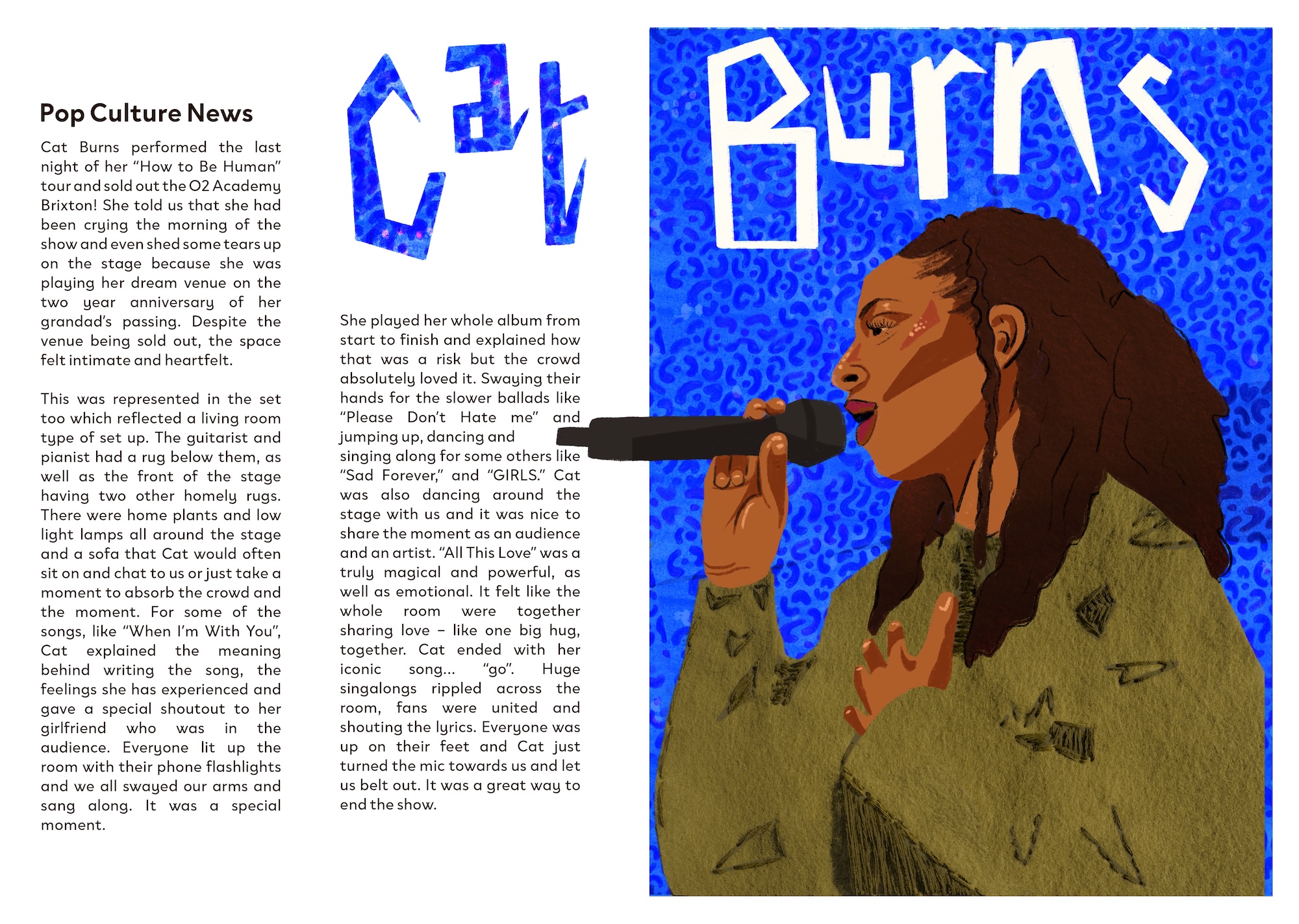 A magazine-style spread shows a woman singing into a microphone beside the large title “Burns” on a blue patterned background, with a column of text on the left.