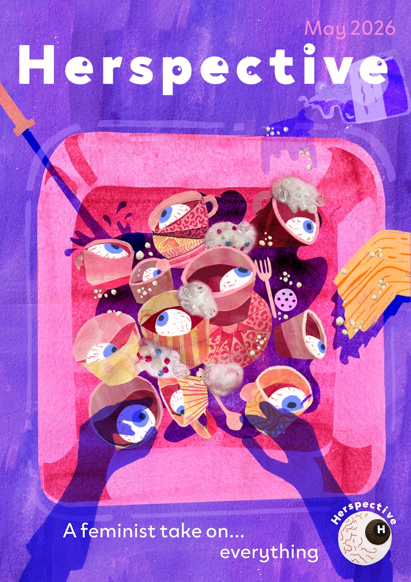 A purple magazine cover titled 'Perspective' with an abstract collage of patterned eyes and faces in a pink square, plus the text 'A feminist take on… everything' at the bottom.