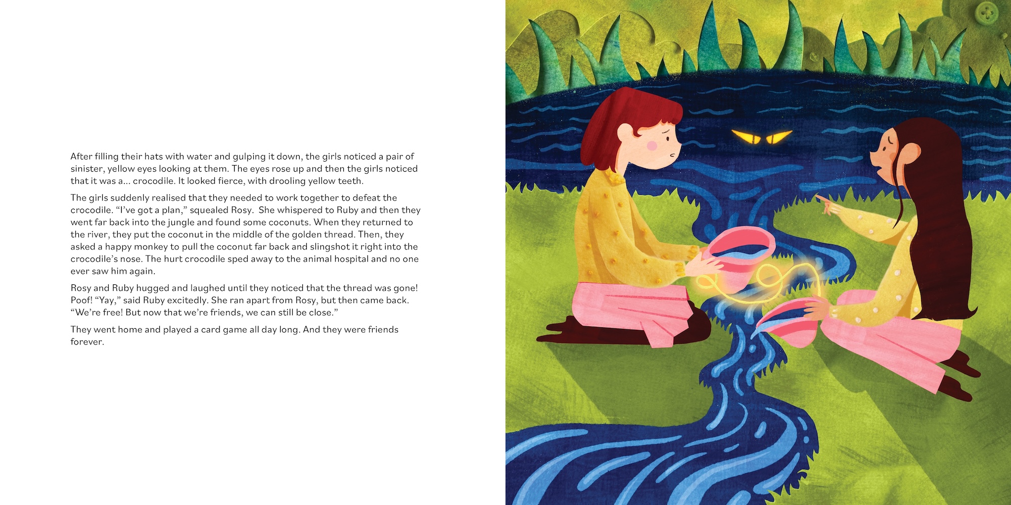An illustrated page spread shows a story book text on the left and two girls sitting by a blue stream on the right, with a yellow fish and a butterfly in a grassy outdoor scene.