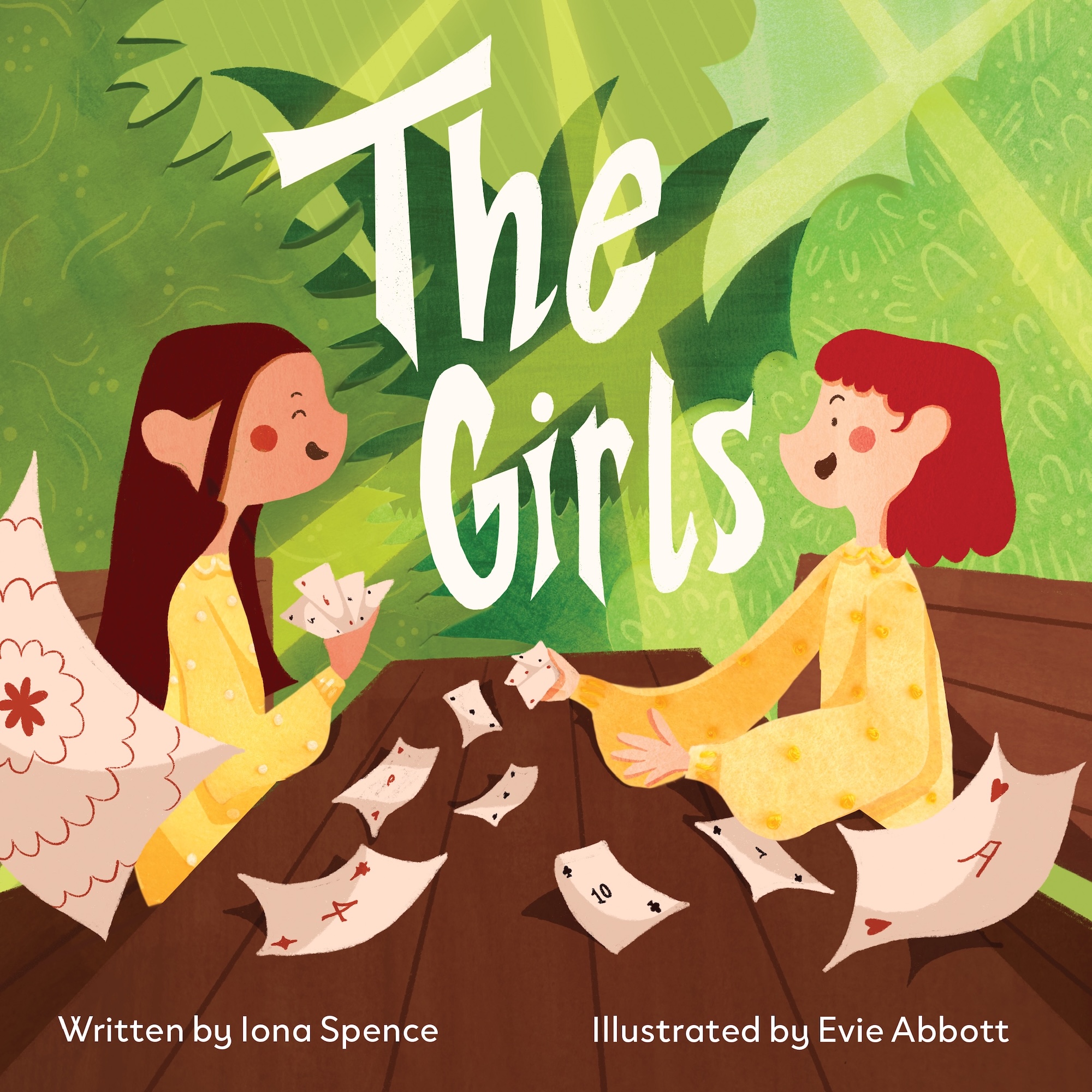 Illustrated book cover for The Girls showing two girls playing cards at a wooden table in a leafy green setting, with the title and credited author and illustrator text.