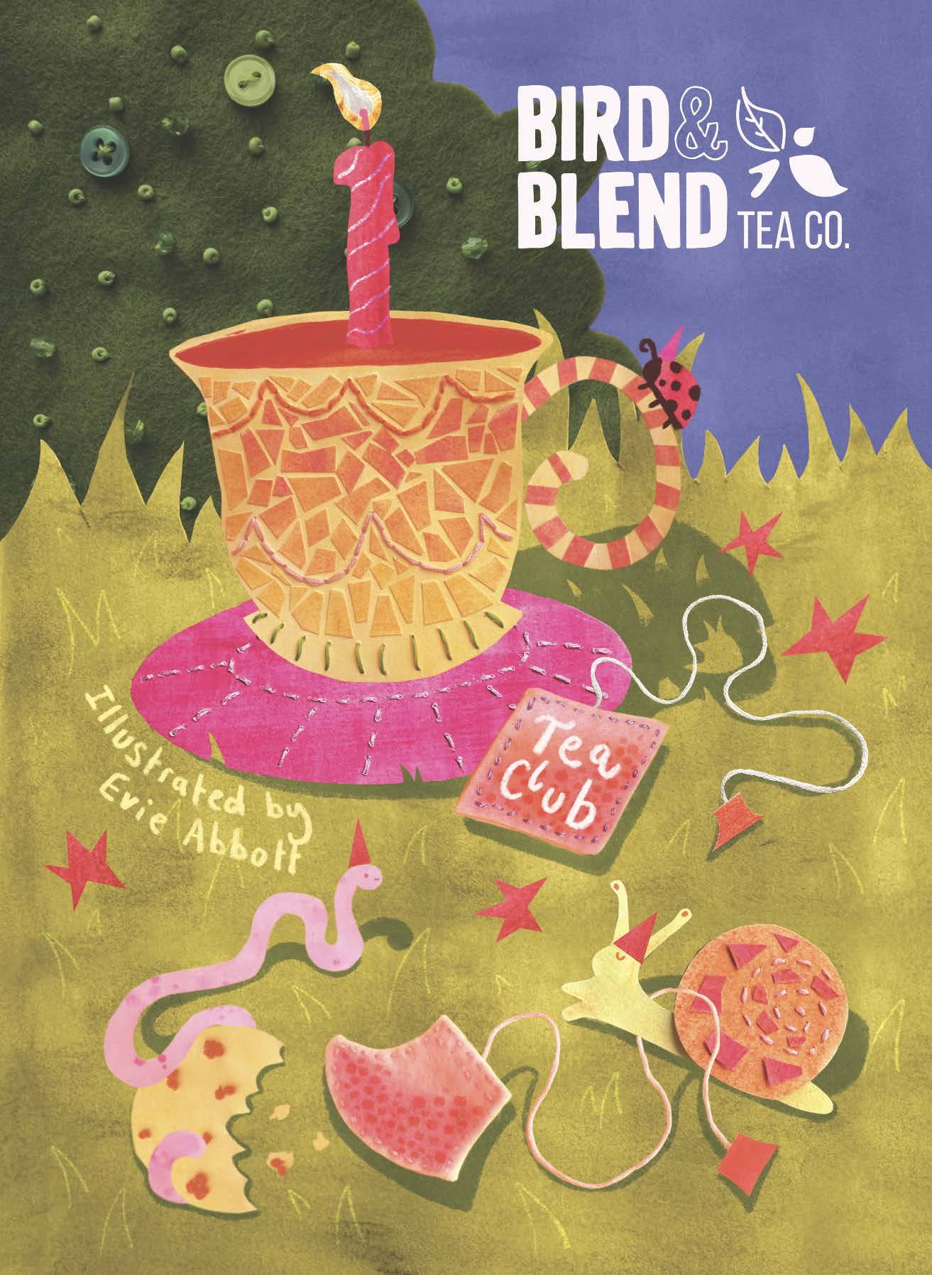 Illustrated cup of tea with a striped candle above it, a Bird & Blend Tea Co. logo at the top right and tea-themed items scattered on a textured green and purple background.