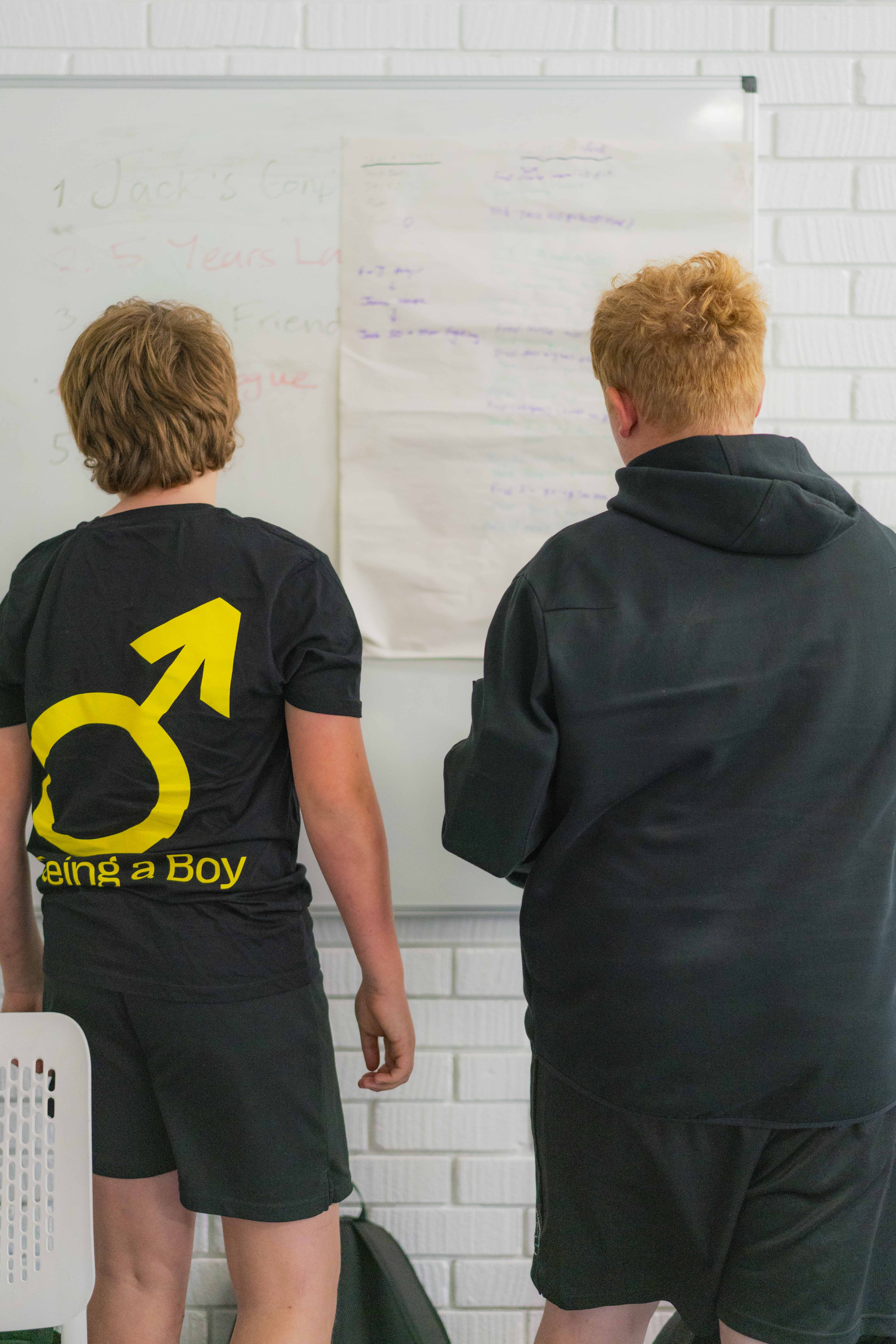 Two boys looking at a whiteboard, both wearing black shorts, one with black t-shirt and yellow male gender symbol, the other with a black hoodie.