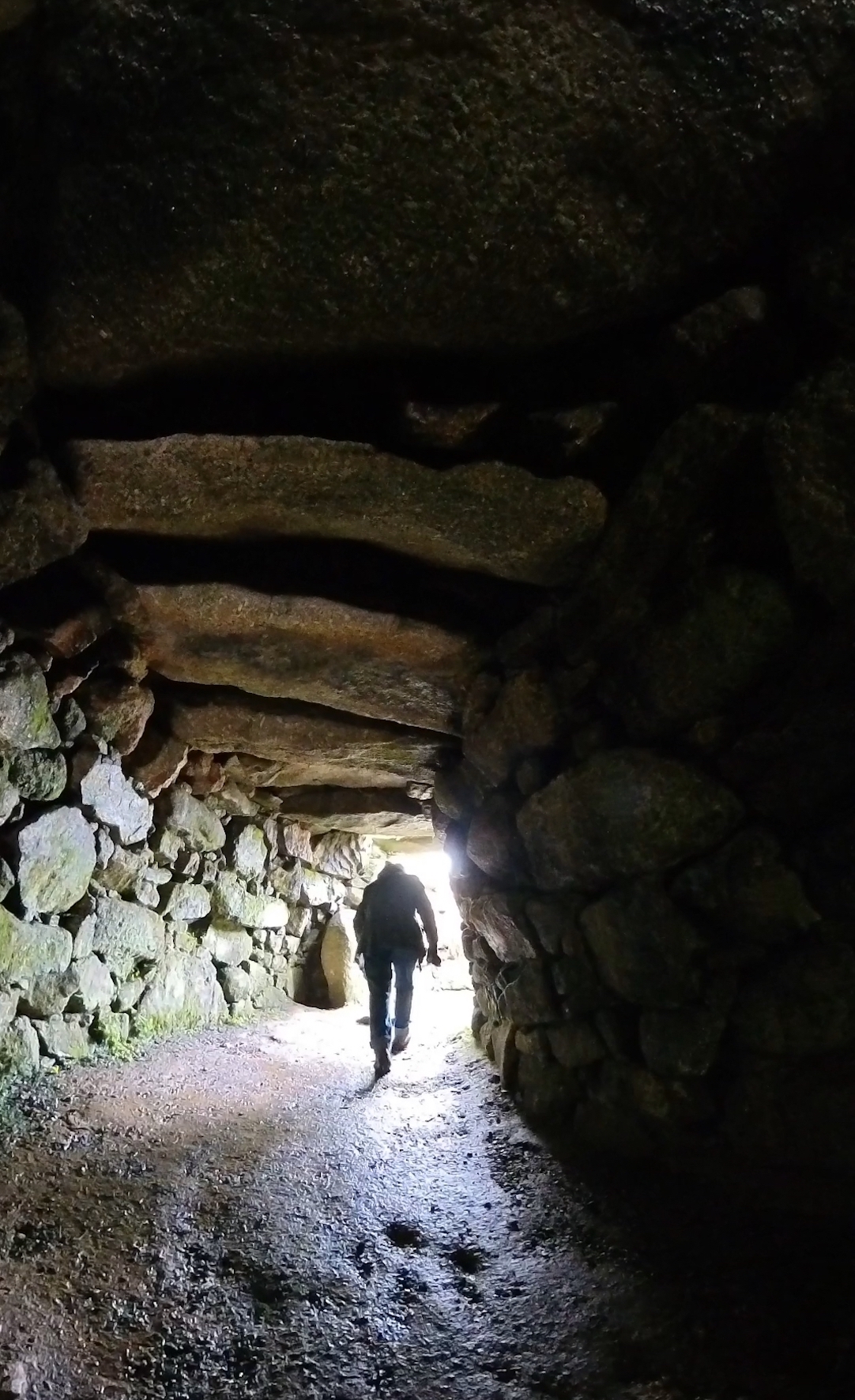 A person walking out into the sunlight outside a cave.