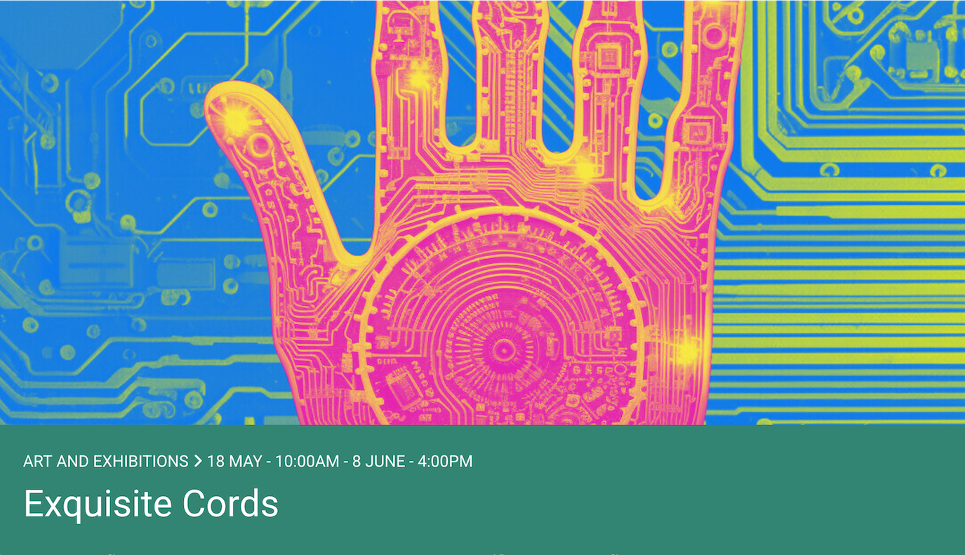 Pink hand silhouette with circuit board patterns overlaying blue background with yellow electronic traces and components.