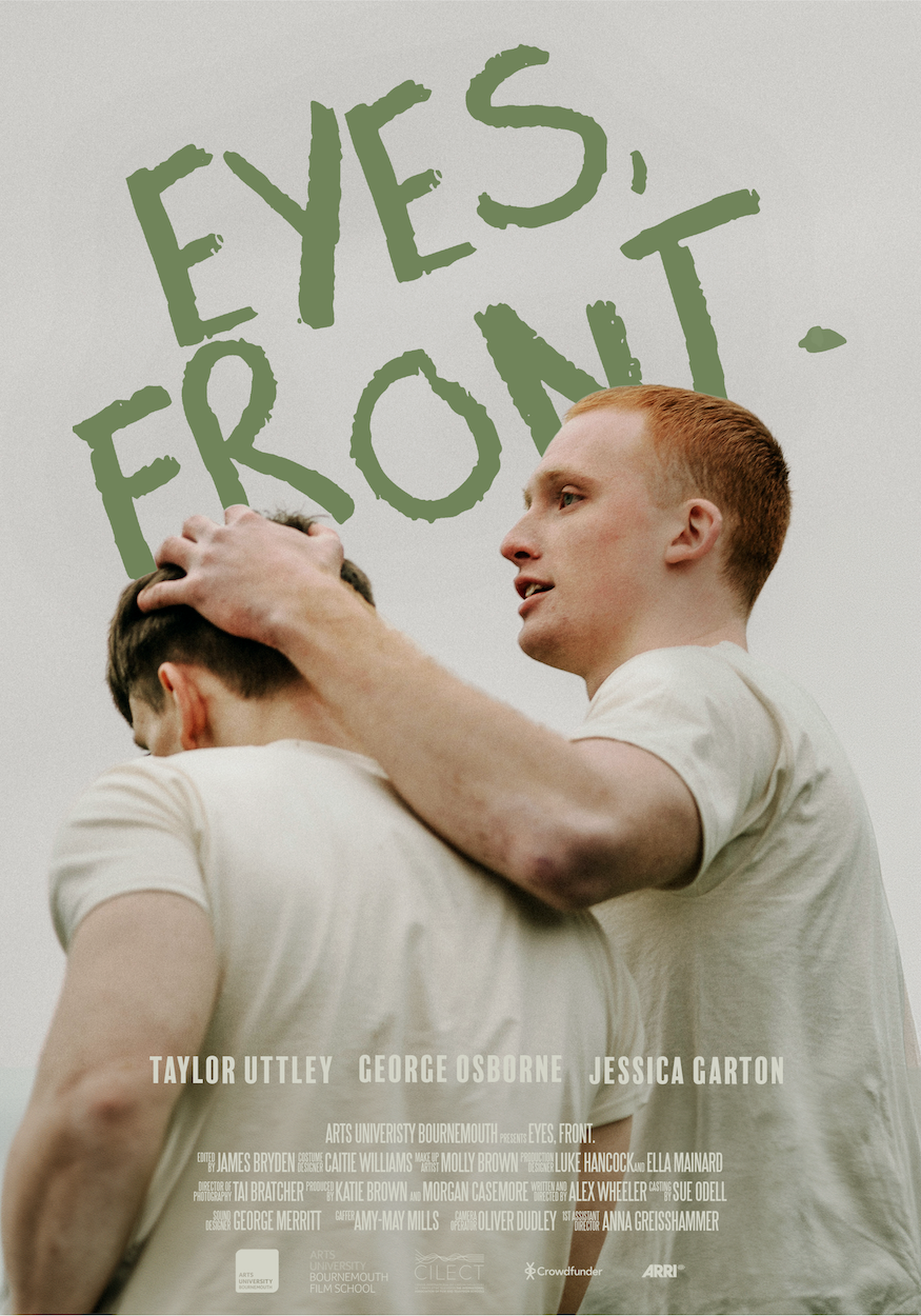 Poster for Eyes, Front with the title in green, handwritten capital text and two characters in white.
