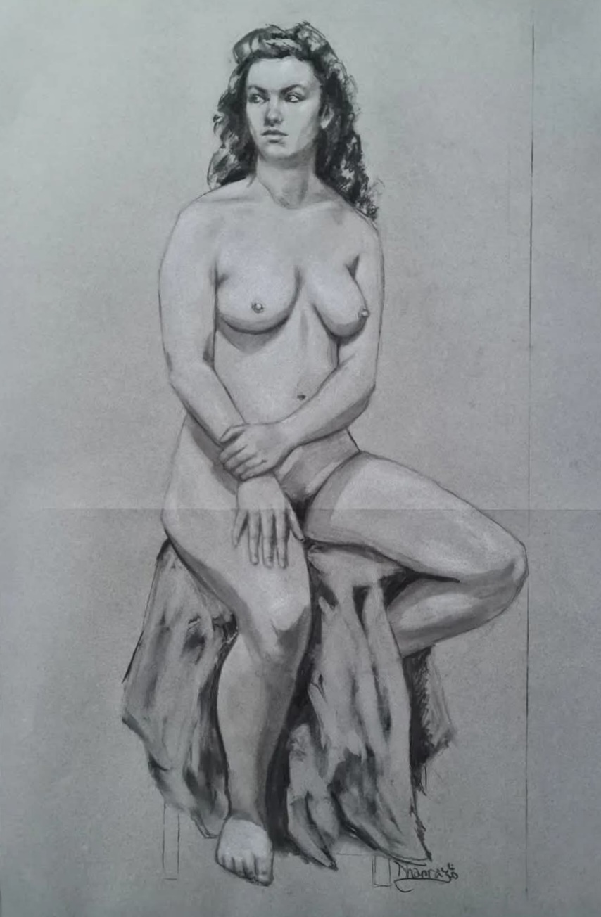 Charcoal drawing of nude woman with curly hair seated on draped fabric, rendered in grey tones on light paper.