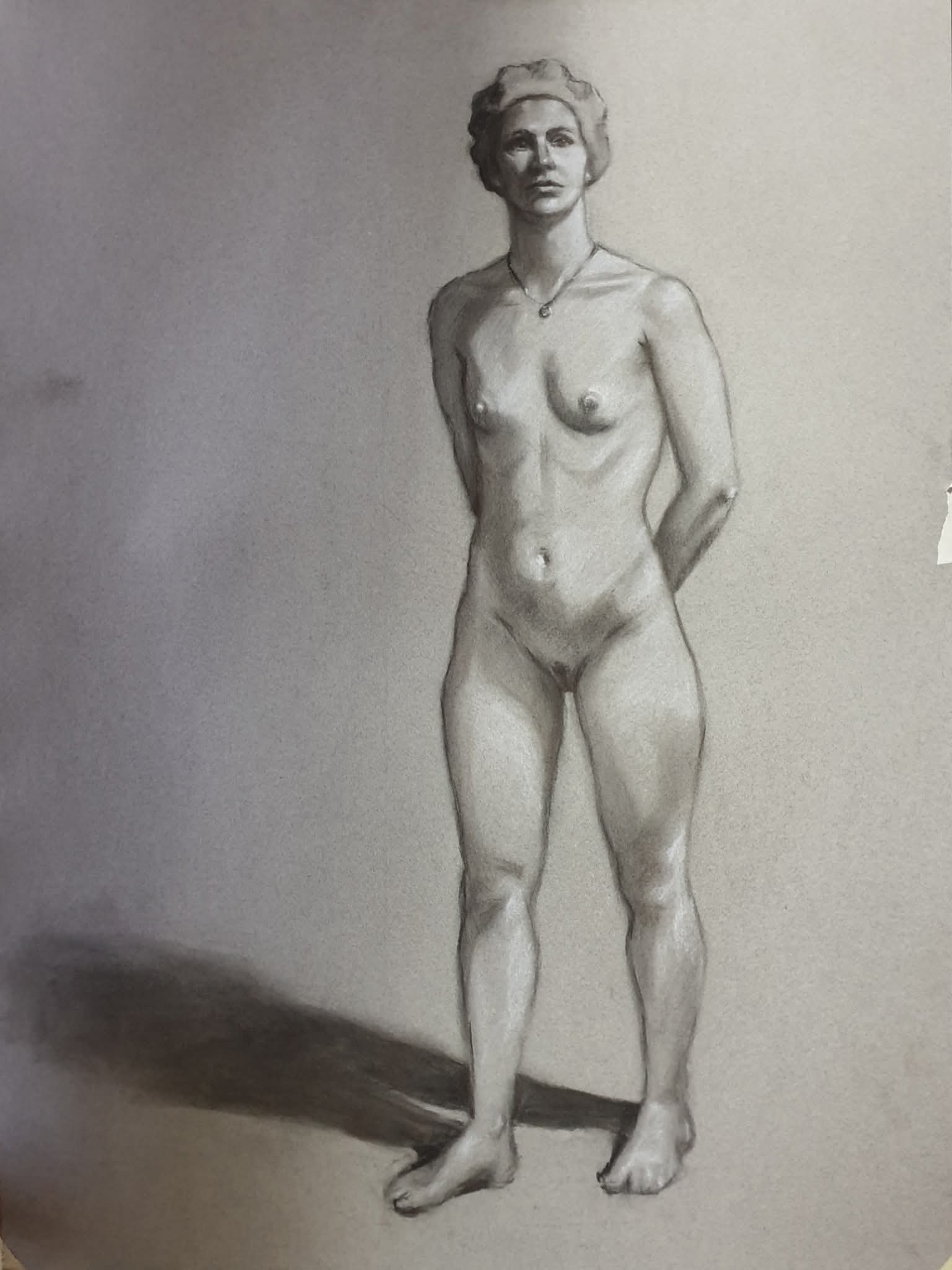 Oil painting of nude female figure standing centrally on muted grey-beige background with soft purple and pink tones.