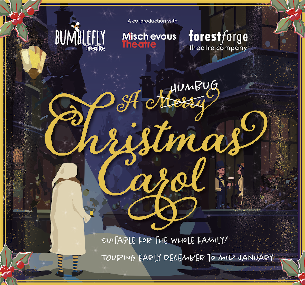 Illustration of a Victorian Christmas scene, with Ebenezer Scrooge in bedclothes out in the street viewed from the back looking at two figures enjoying themselves in a window. The title "A Merry Christmas Carol" appears in the centre, with "Merry" crossed out and "Humbug" written above it.