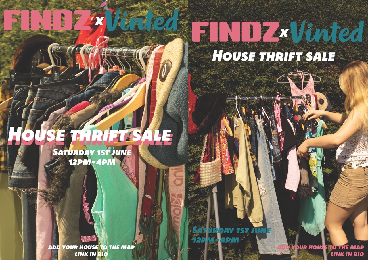 Colourful posters for a FINDZ x Vinted house thrift sale, both with clothes on a rack and pink and green text.