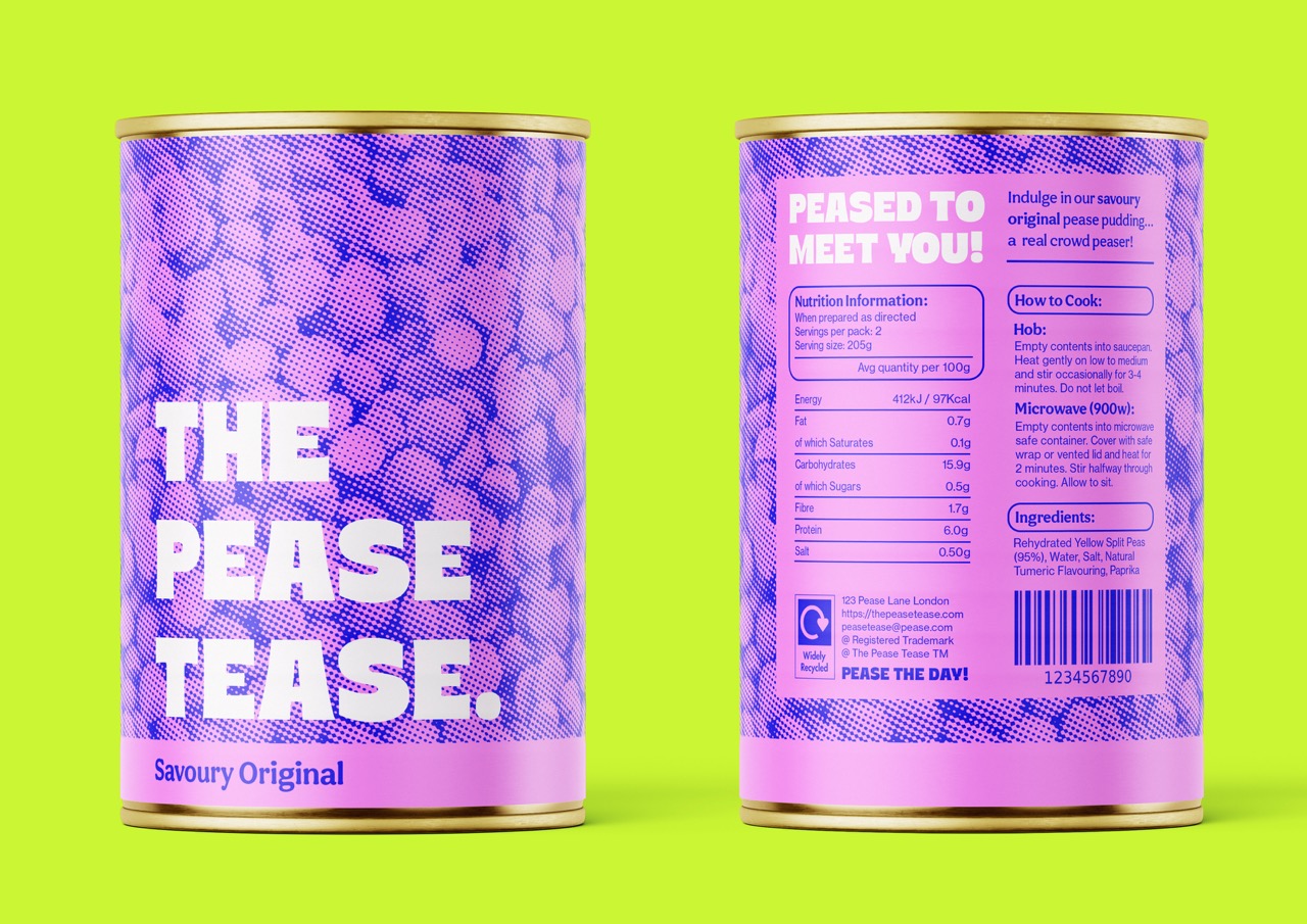A can of food titled "THE PEASE TEASE: Savoury Original" featuring a purple design with illustrations of peas. The can displays nutrition information, cooking instructions, and ingredients on a bright green background.
