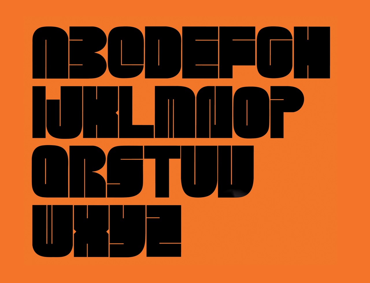 A graphic design featuring the uppercase letters of the English alphabet arranged on an orange background. The letters are in a bold, rounded font, primarily coloured in black, and are displayed in a structured format.