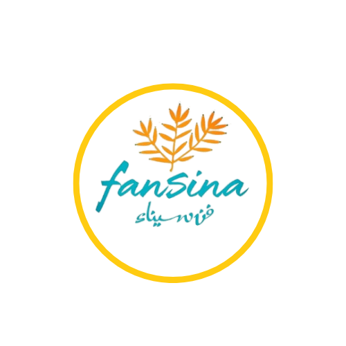 Circular logo with yellow border on black background. Orange wheat stalks above turquoise "fansina" text and Arabic script below.