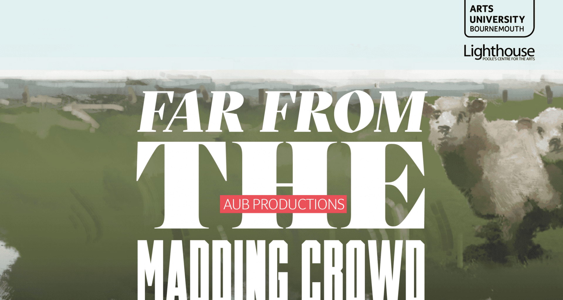 A poster with a blurred green landscape and sheep in the background. The words Far From the Madding Crowd appear in the foreground.