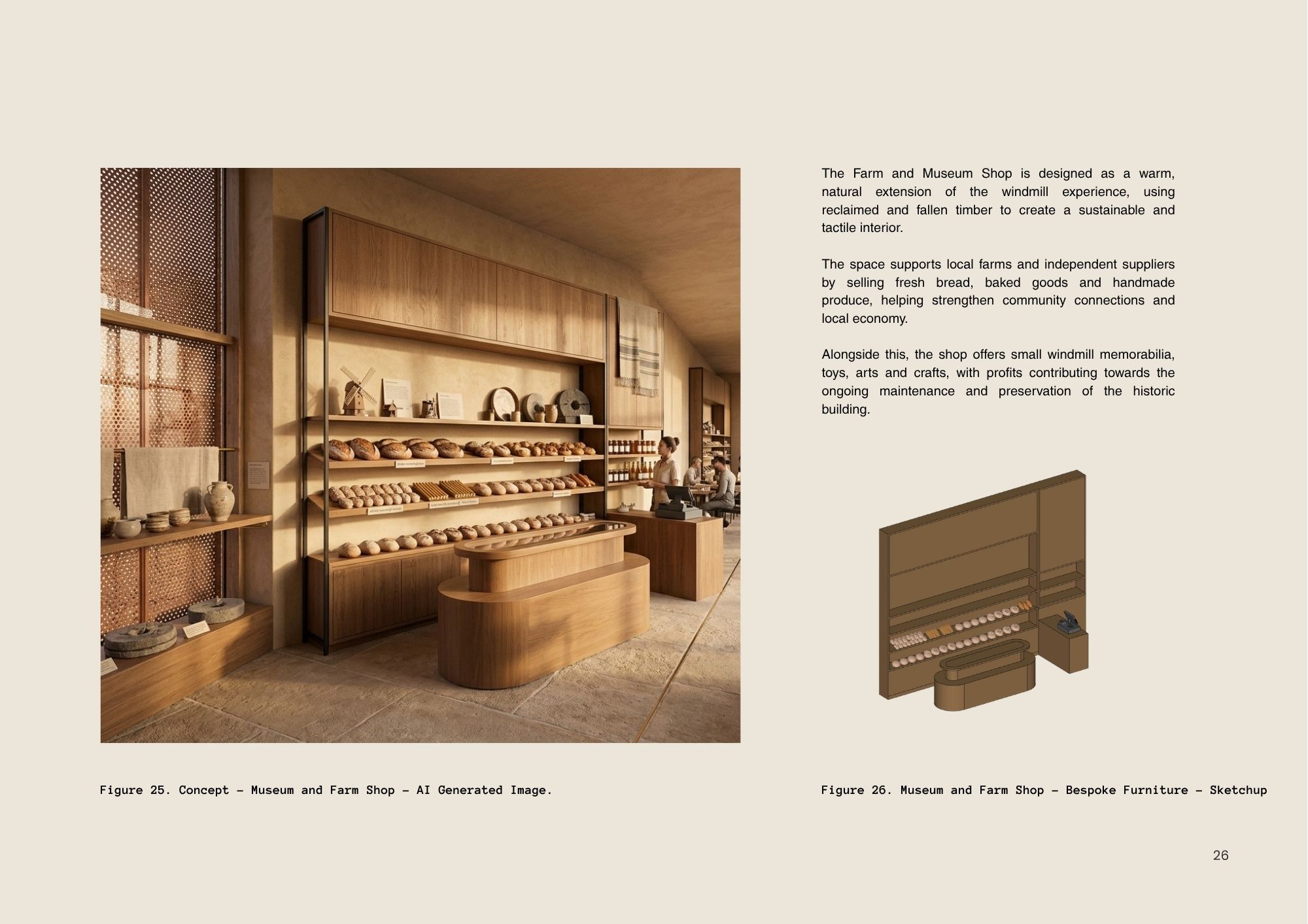 A wooden farm shop interior with shelves of jars and stacked produce, shown beside a page of explanatory text and a small furniture sketch.