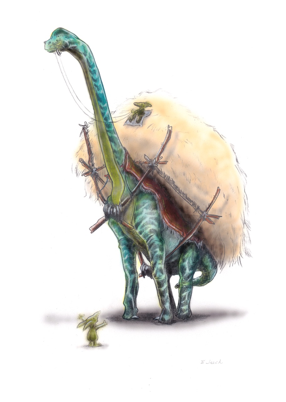 A green long-necked dinosaur carries a large straw-covered load on its back, with ropes and sticks securing it against a white background.