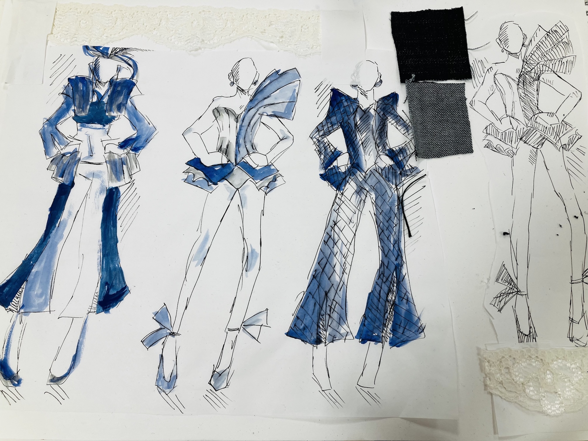 Fashion sketches showing four figure drawings with blue garments, black and grey colour swatches, on white paper
