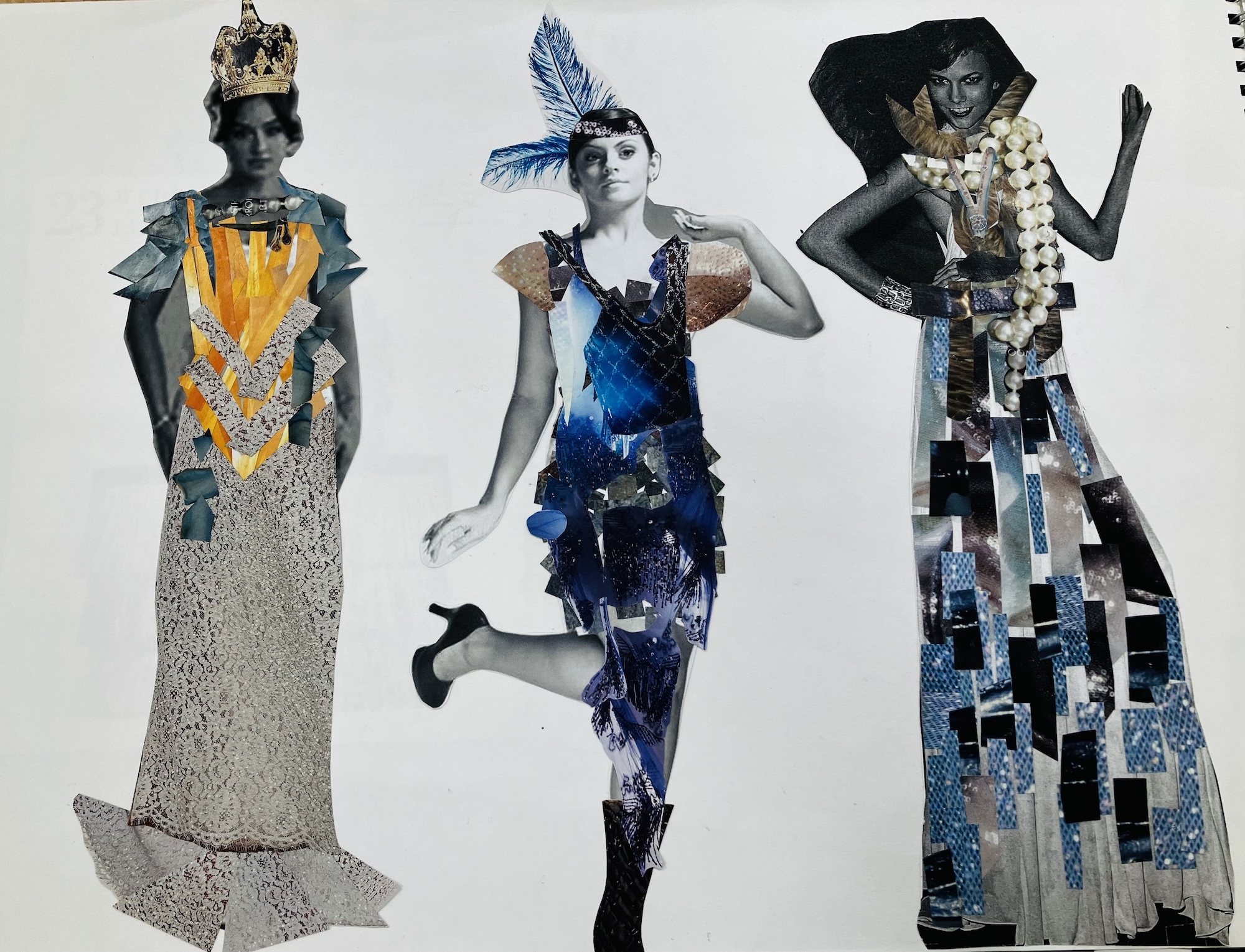 Collage artwork showing three female figures in decorative costumes with crowns and ornate clothing in yellow, blue, and patchwork patterns