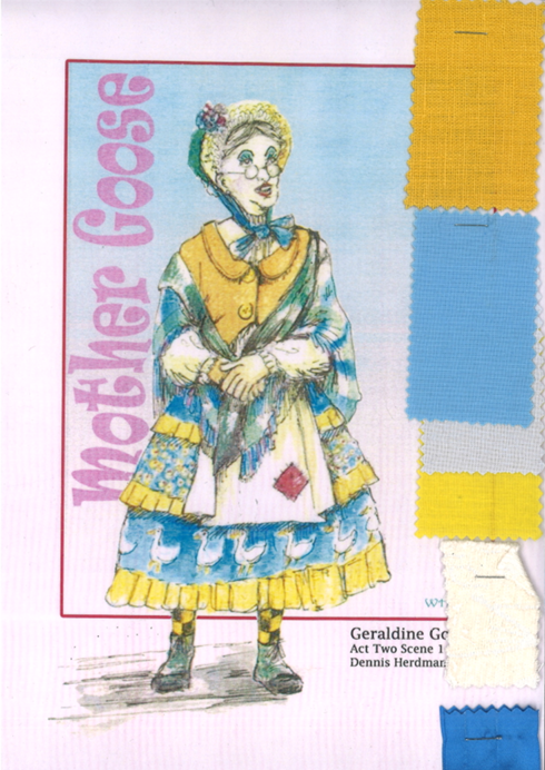 Costume design theatre-style cover showing woman in yellow, blue and white Victorian dress with bonnet. Pink "Mother Goose" text on left, colour swatches on right.