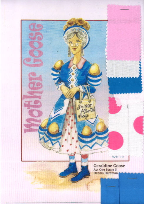Costume design theatre-style illustration of woman in blue dress with white trim and yellow pompoms, surrounded by pink and blue fabric swatches on white background.