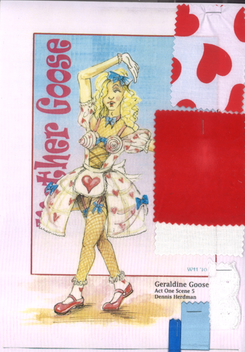 Costume design theatre-style illustration of blonde woman in yellow tights, white dress with hearts, red shoes. Blue background, red text "Mother Goose".