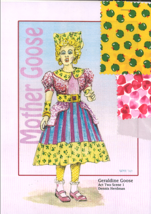 Costume design theatre-style illustration showing figure in colourful patchwork dress with yellow stockings. Text reads "Mother Goose" vertically.