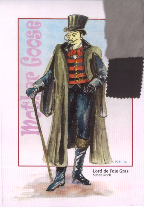 Costume design theatre-style illustration of man in Victorian dress: black top hat, red waistcoat, grey coat, blue trousers, holding walking stick.
