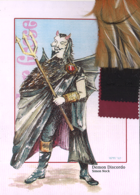 Costume design theatre-style illustration of horned figure in dark robes holding golden trident, labelled "Demon Discordo Simon Nock" on white background.