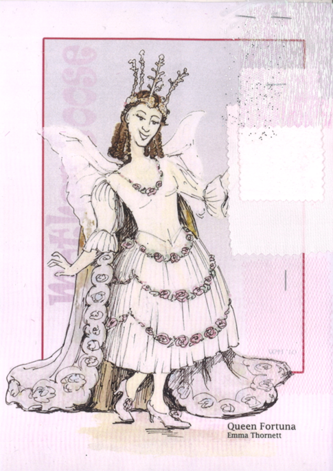 Costume design theatre-style illustration of woman in white layered dress with ornate crown, arms outstretched, on pale purple background with decorative border.