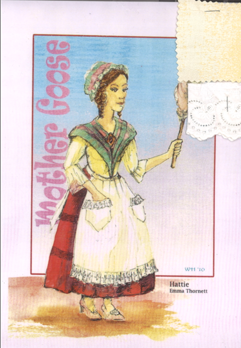 Costume design theatre-style illustration of a woman on stamp wearing white apron over red dress, green headscarf, holding envelope. Blue background with pink text.