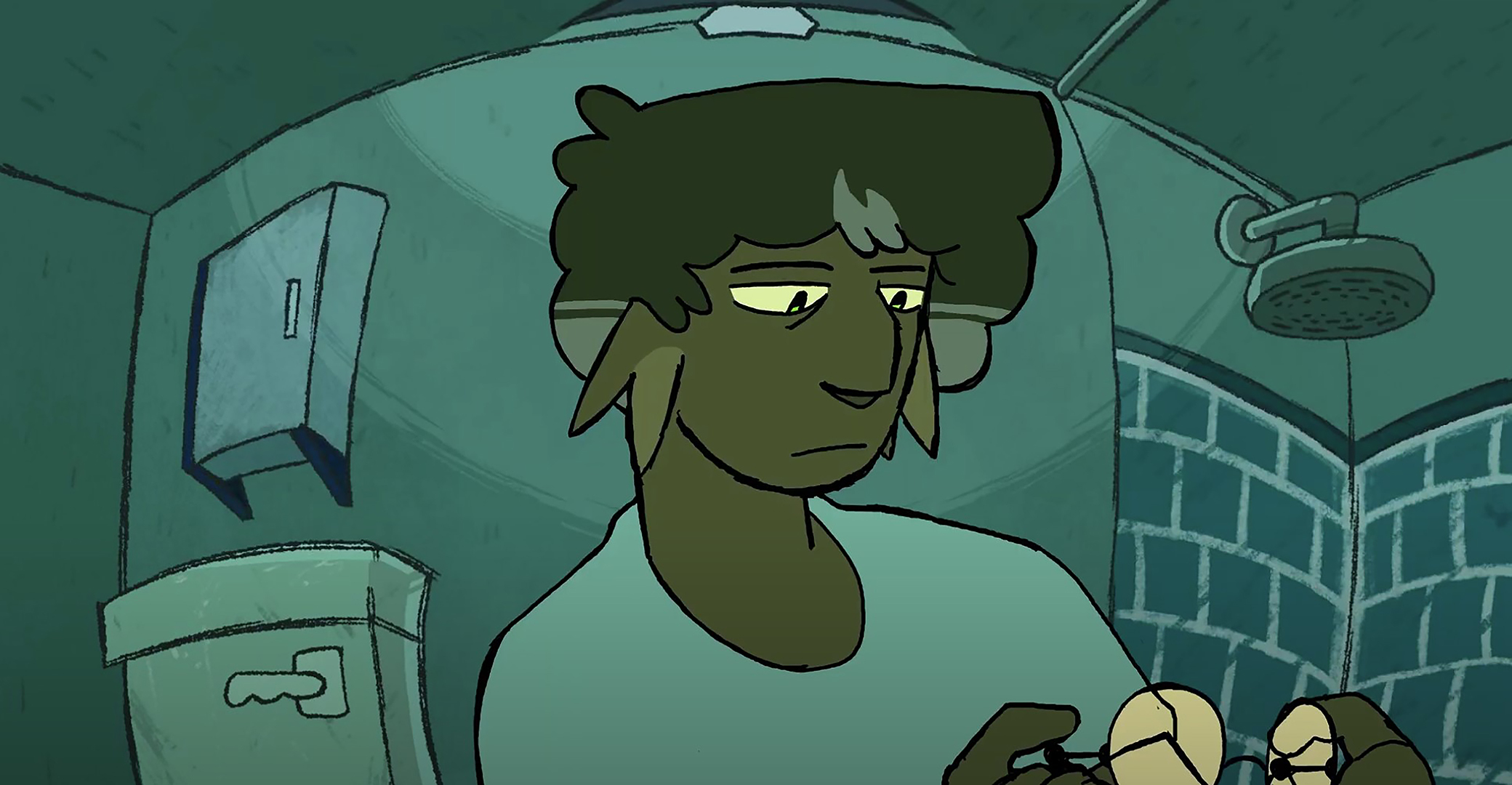 Illustration of an animated character wearing a blue T-shirt standing in a bathroom looking down at an object in their hands.
