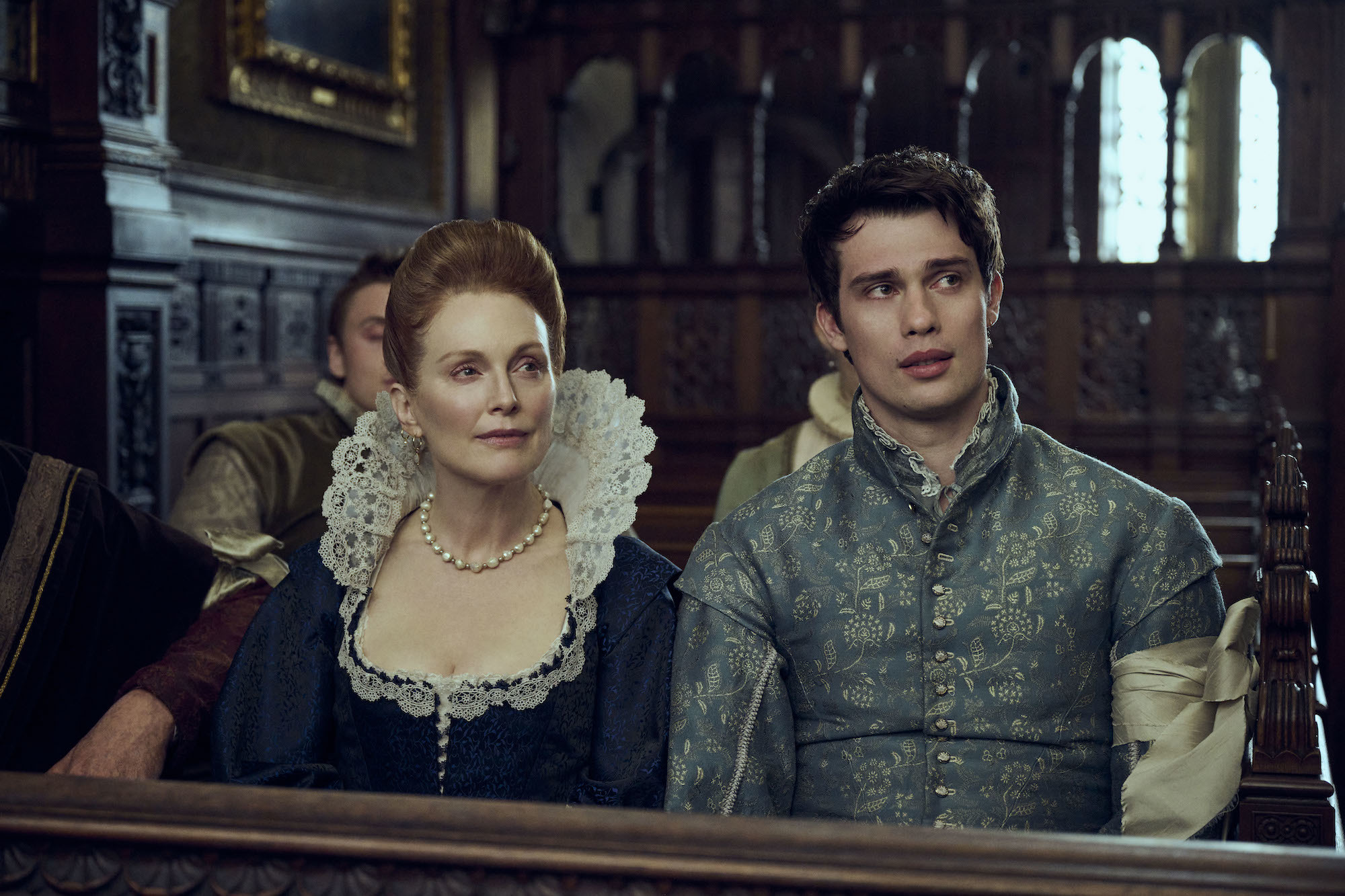 Julianne Moore and Nicholas Galitzine in costume in a still from Sky Atlantic's Mary & George.