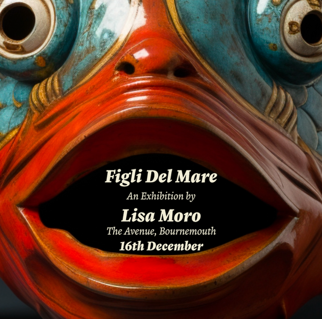 Close-up of colourful ceramic fish face with large round eyes, orange and red glazed mouth opening, white text overlay advertising art exhibition.