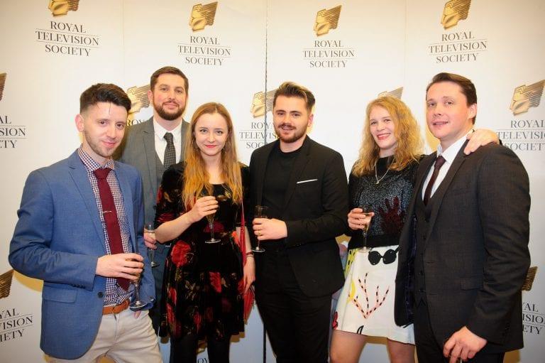 A group of six people from the Bournemouth Film School pose for a photo at the Royal Television Society Awards.