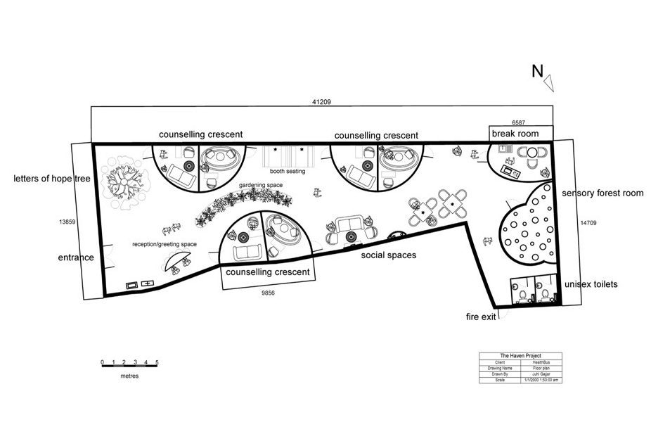 Architectural plans of a counselling space, white background.