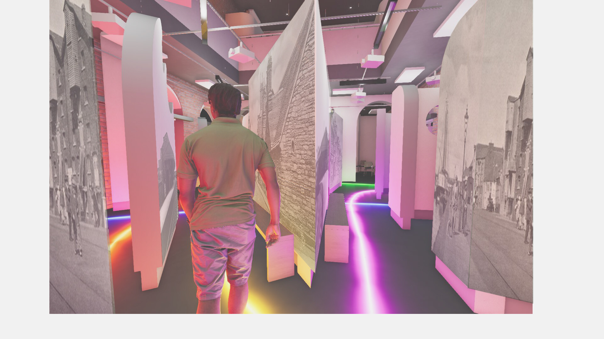 Render of an interior space with historic images, archways and neon-coloured lighting, person walking through.