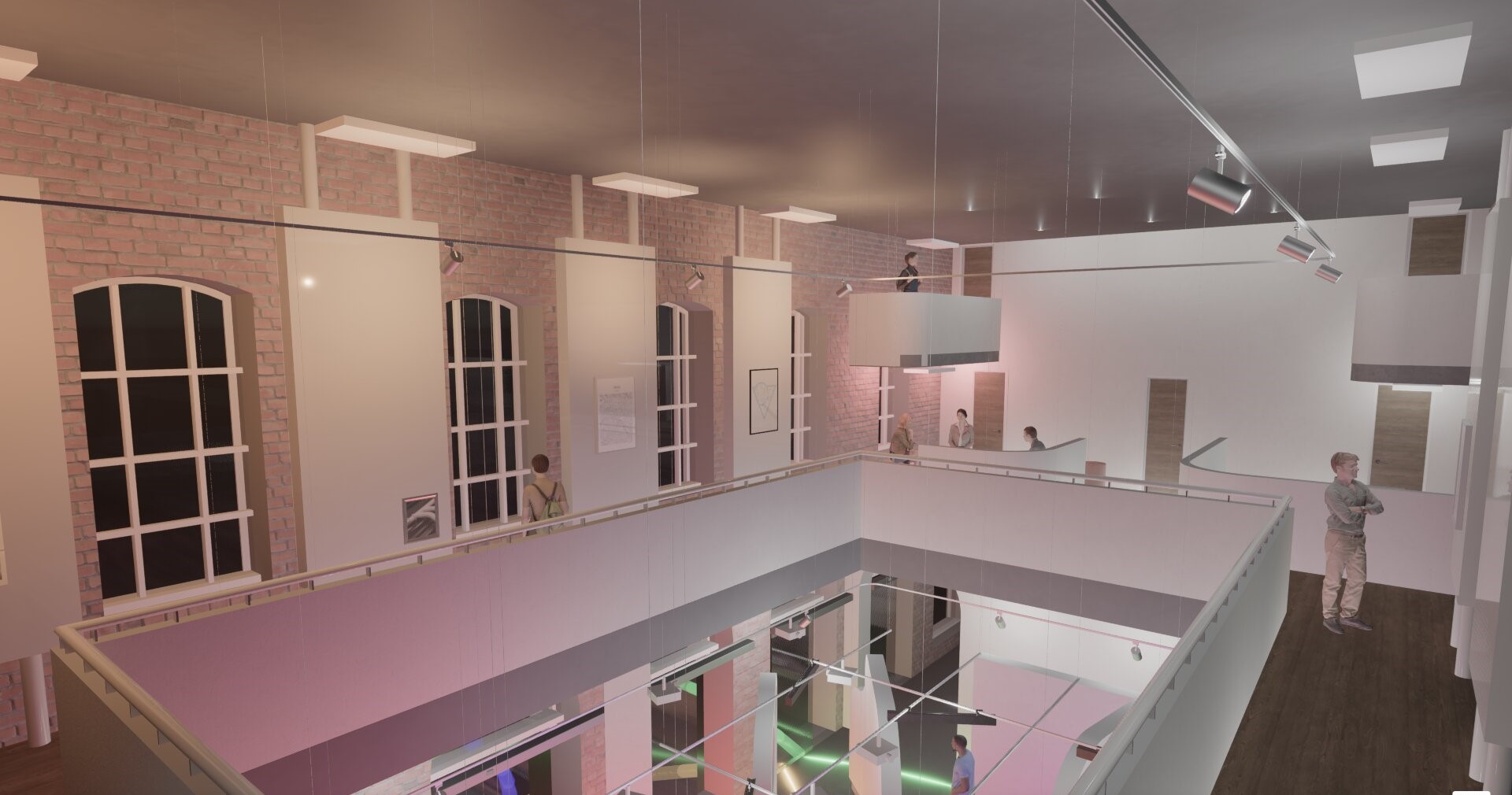 Render of an interior space with two open floors, large windows, soft lighting.