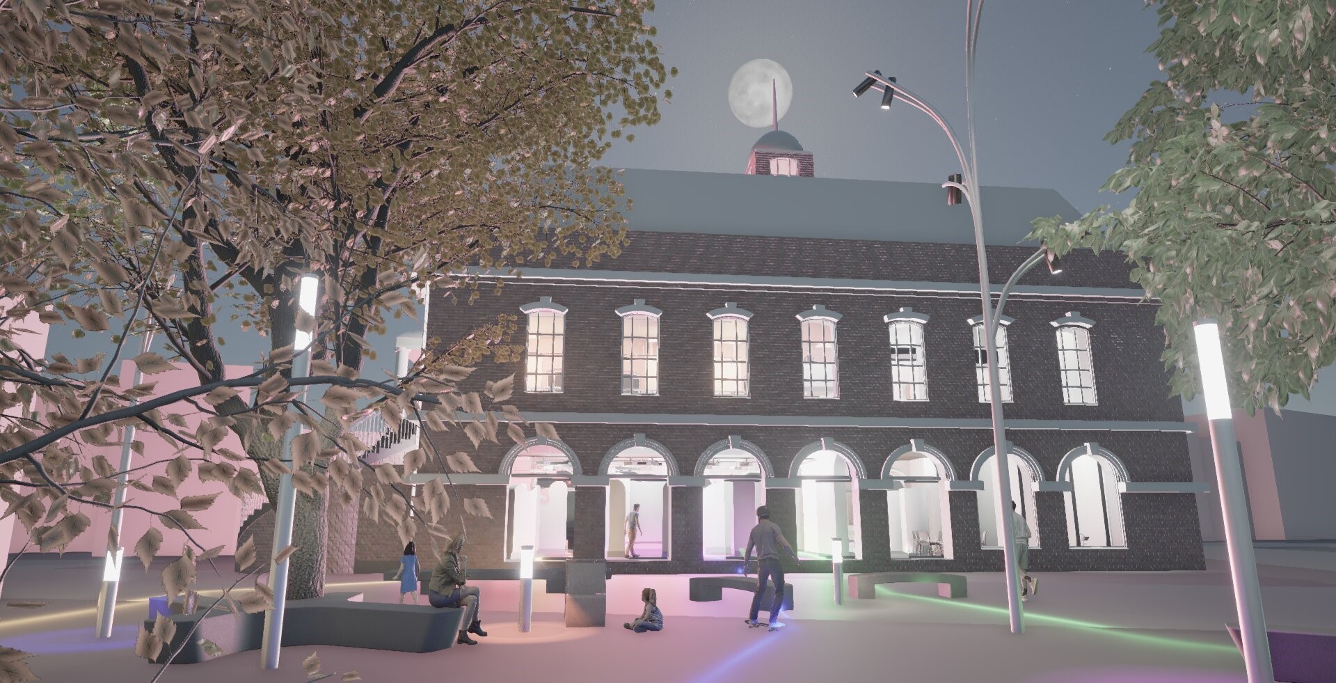 Render of an exterior space with a building complex lit up, trees and soft neon lighting at night.