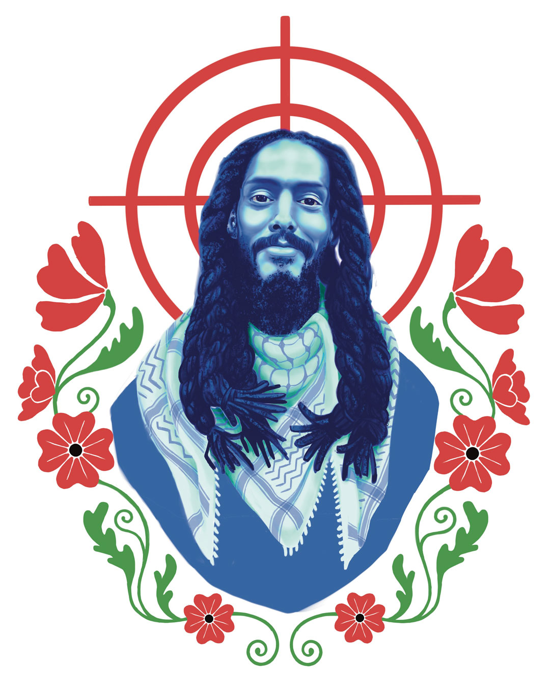 A blue-toned portrait of a man with long dreadlocks and a beard, framed by a red target symbol and red floral designs on a white background.