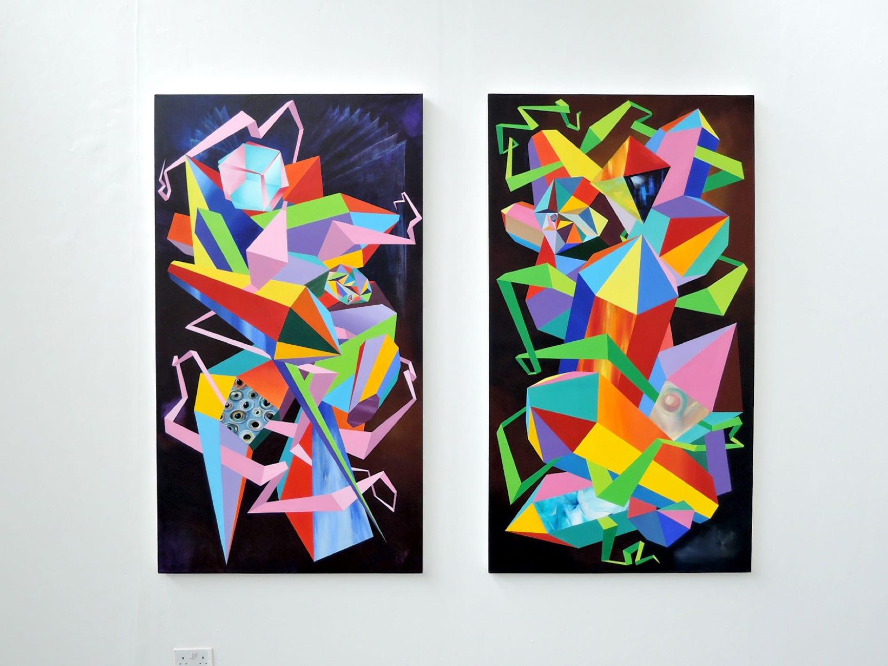 Multicoloured triangular shapes, reminiscent of crystals, painted upon two black canvas hung on a white wall.