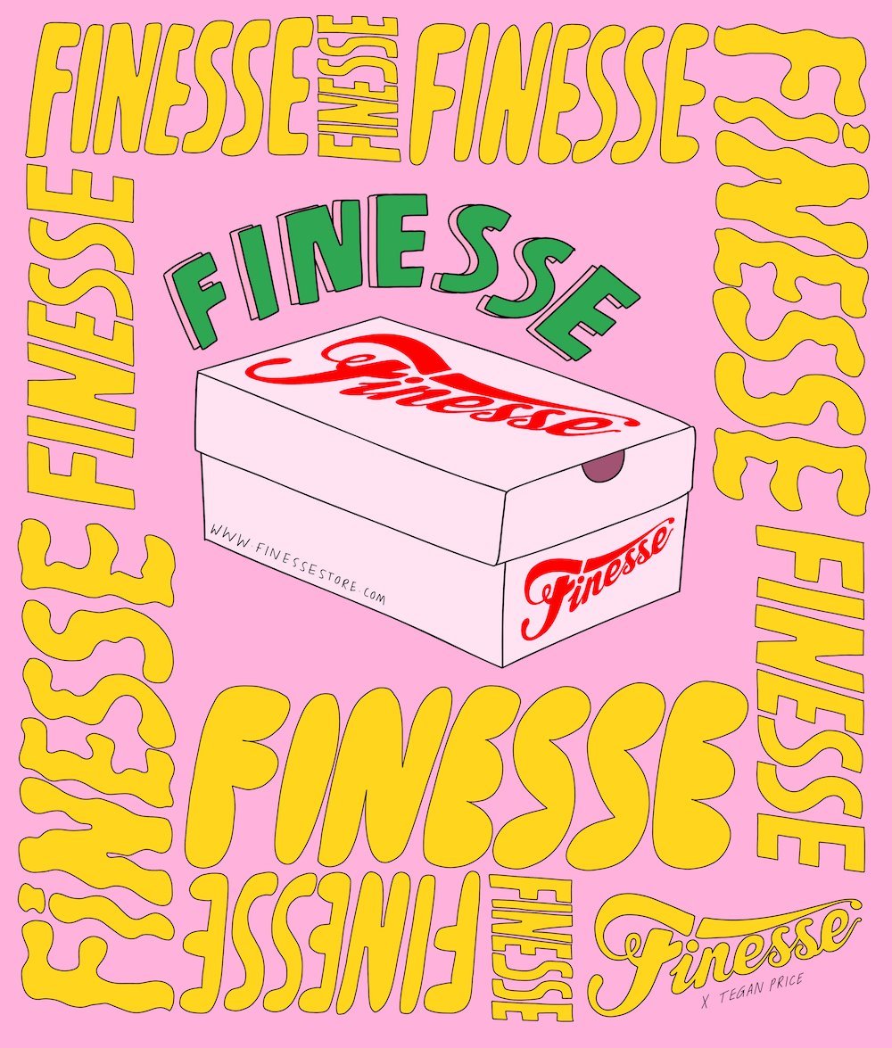 Illustration of a white shoebox with the red Finesse logo, and Finesse text surrounding it in yellow, green above.
