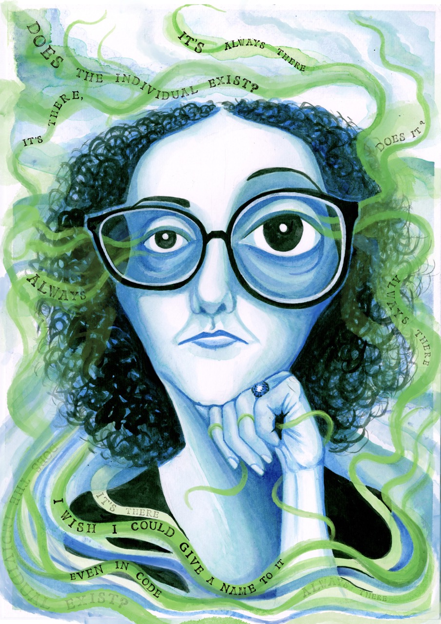 An illustrated portrait of a person with curly dark hair and large glasses resting their chin on a hand, surrounded by flowing green ribbons of text on a pale background.