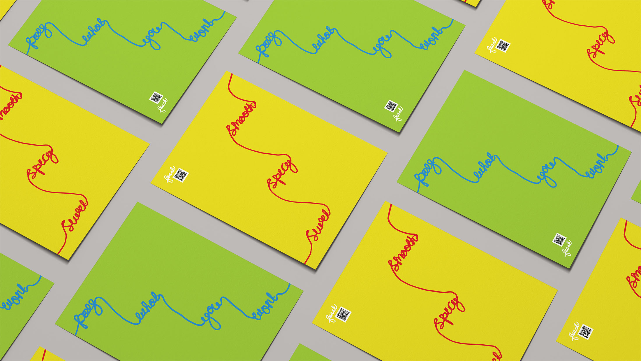 Green and yellow square cards arranged in rows, featuring wavy blue and red line patterns with small white squares on each card.