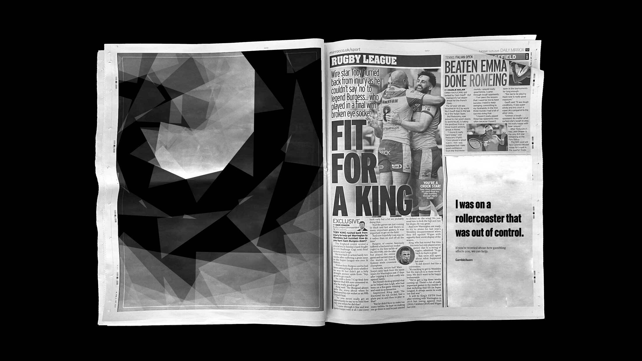 Open newspaper spread with geometric black and grey triangular pattern on left page, sports section with "FIT FOR A KING" headline on right.