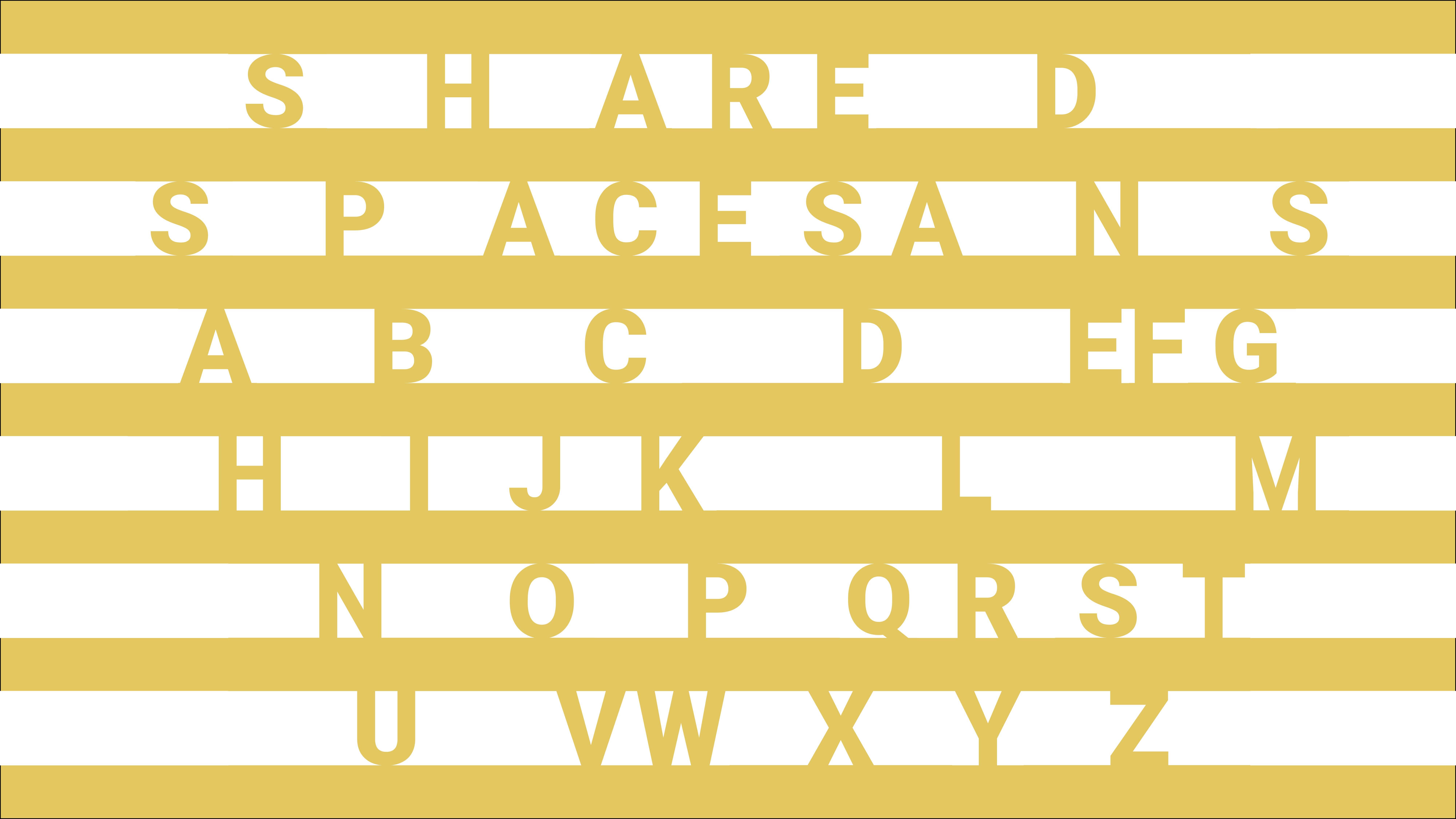 Yellow and white striped pattern with white block letters spelling out the alphabet in rows across horizontal golden bands.