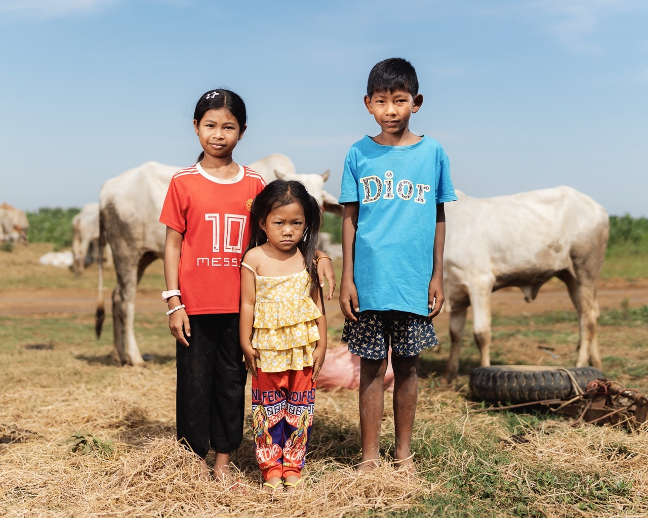 Three children standing together in a field with white cattle grazing in the background under a blue sky with white clouds.