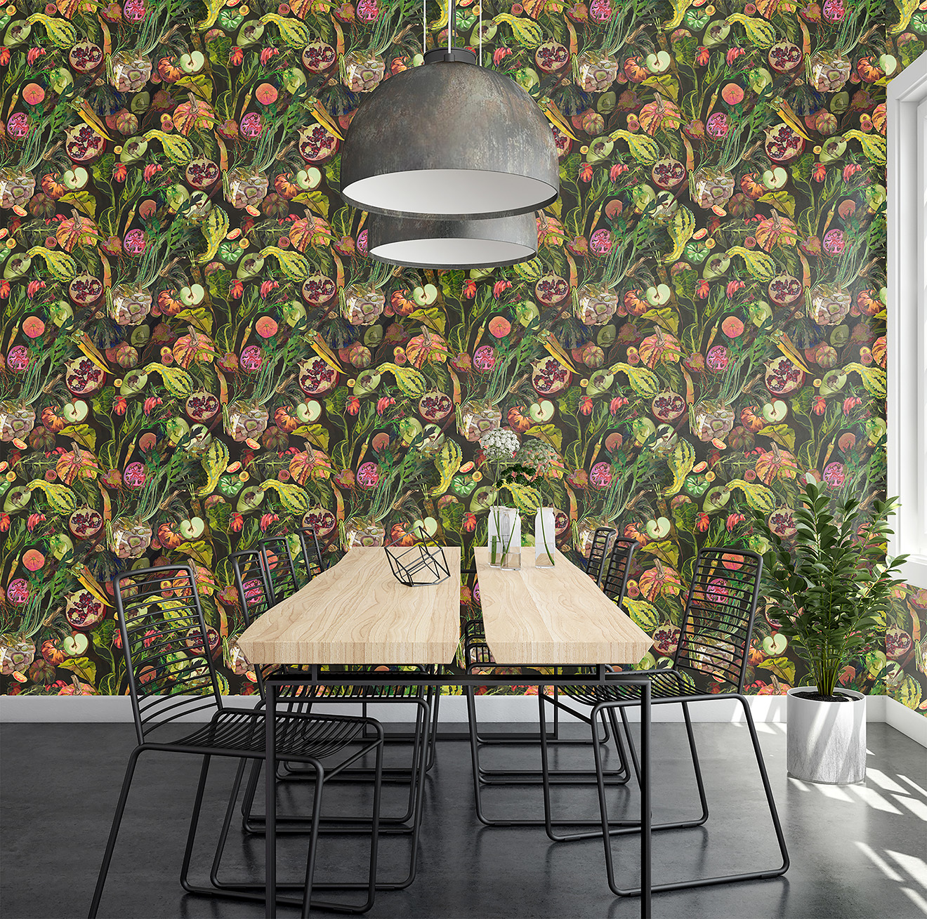 A colourful wallpaper design behind a table and chairs