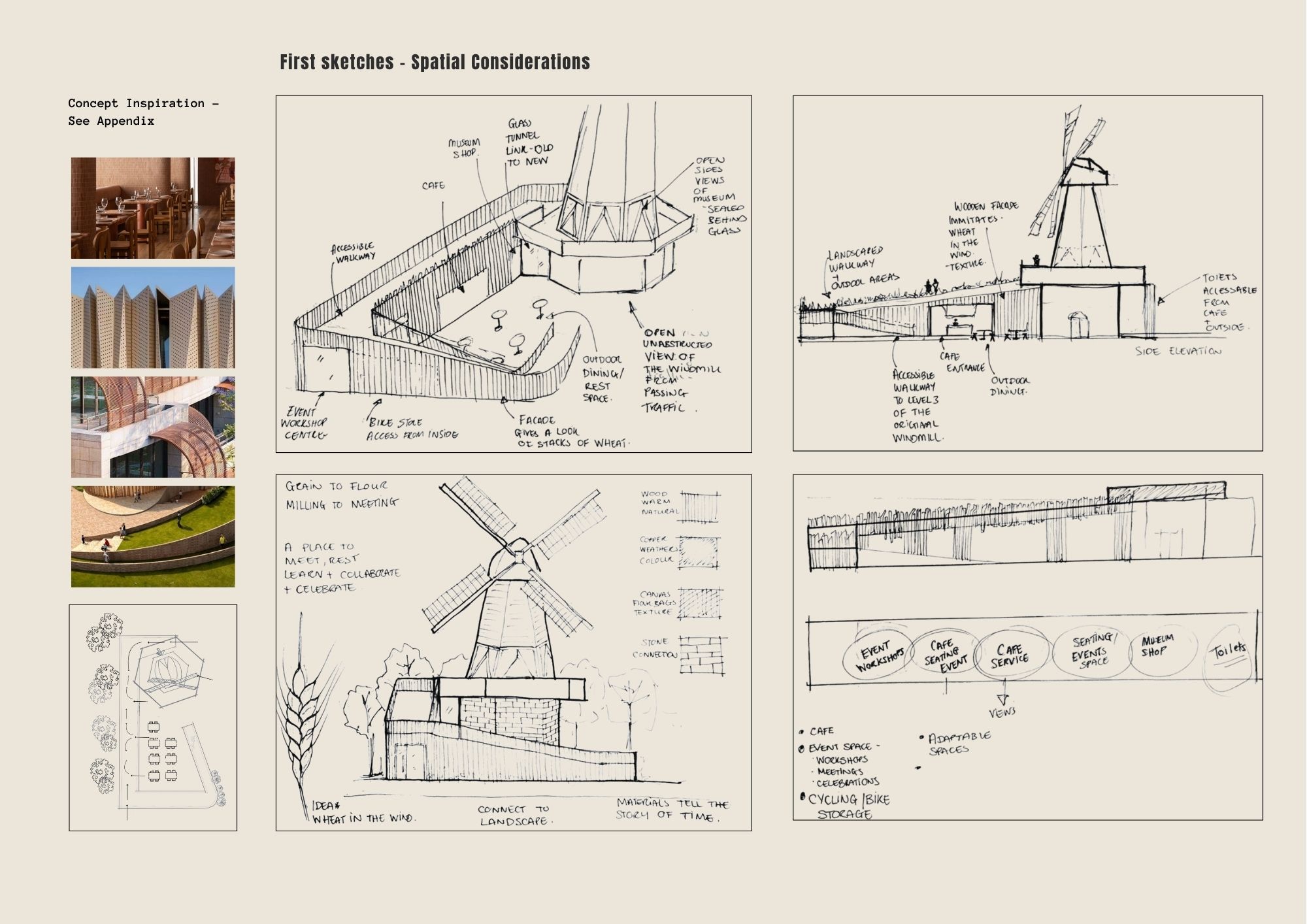 An architectural presentation board with hand-drawn site sketches, elevations and section diagrams, alongside small reference images in a left-hand column.